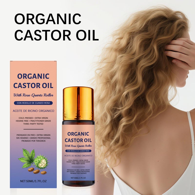 JISKG Organic Castor Oil Roll-On with Rose Quartz, 100% Pure Cold-Pressed Castor Oil for Hair Growth, Eyelashes, Eyebrows & Moisturizes Skin.(50ml) - Image 3